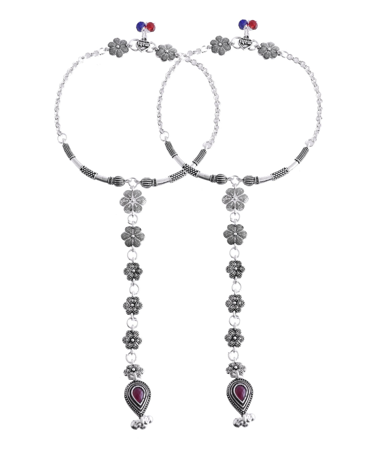 VOJ Set Of 2 Silver-Plated Stainless Steel Floral Shape Anklet With Toe Ring | Grocsy