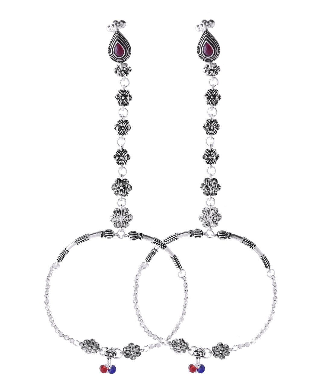VOJ Set Of 2 Silver-Plated Stainless Steel Floral Shape Anklet With Toe Ring | Grocsy