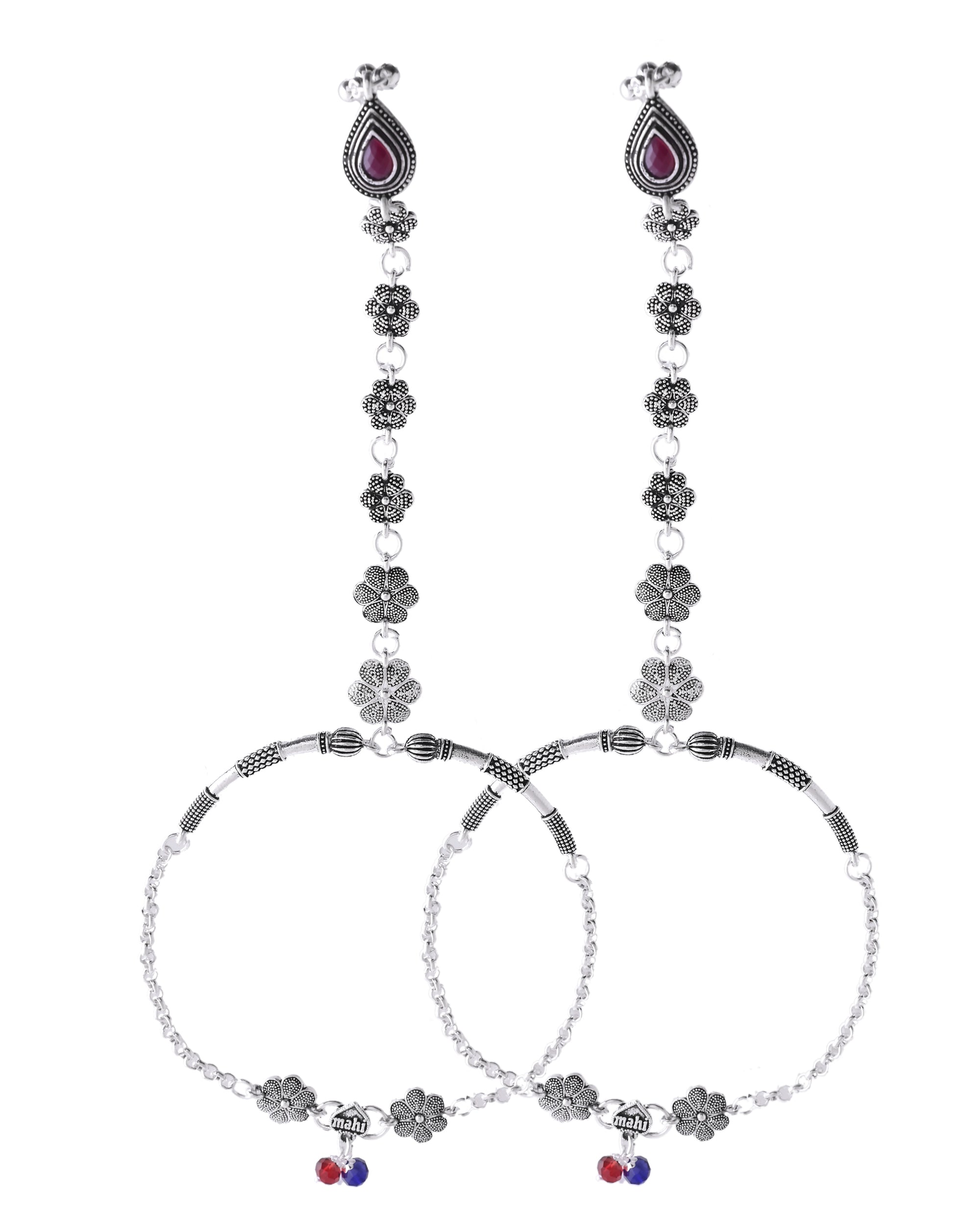 VOJ Set Of 2 Silver-Plated Stainless Steel Floral Shape Anklet With Toe Ring | Grocsy