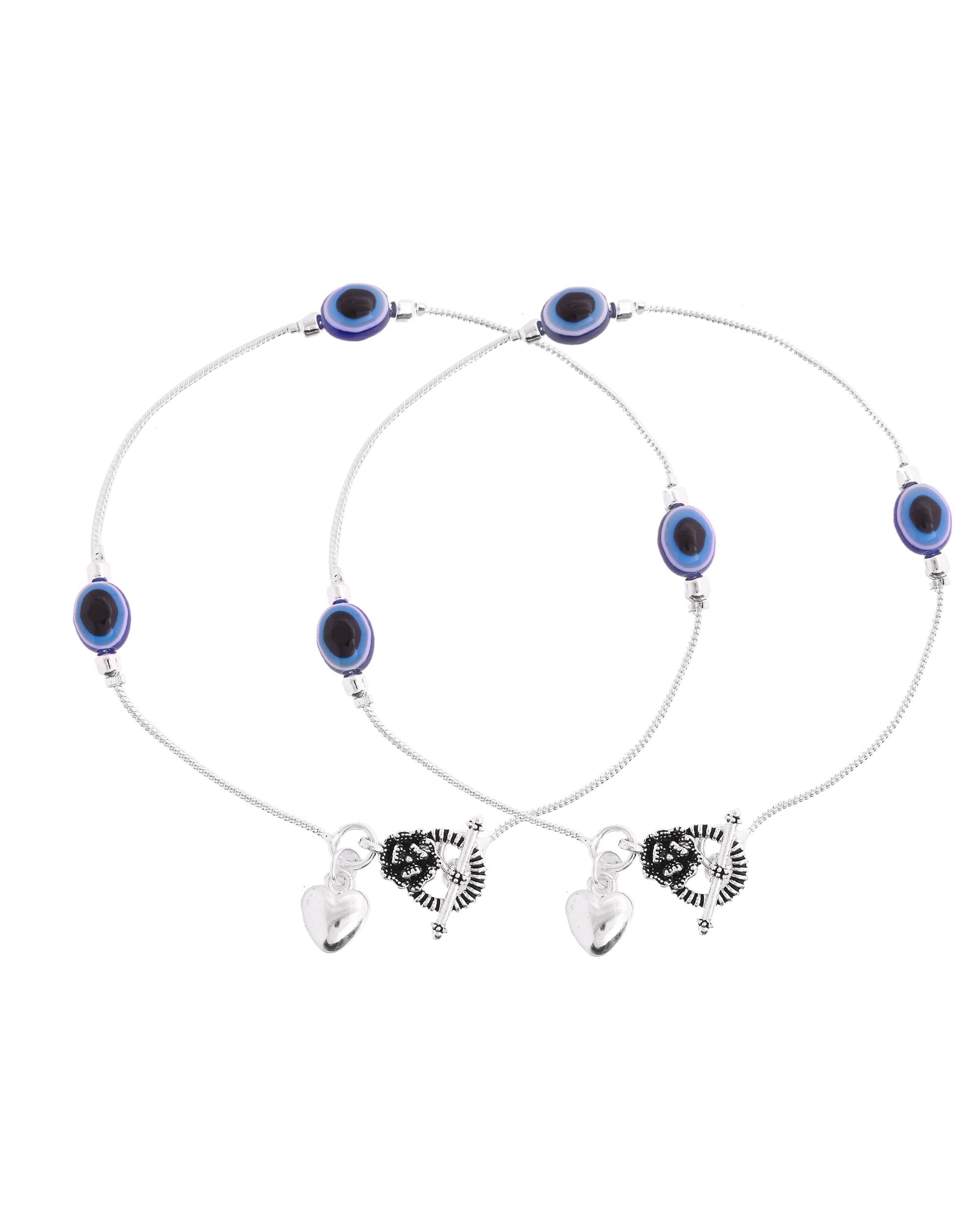 VOJ Set Of 2 Silver-Plated Stainless Steel Evil Eye Studded Anklet | Grocsy