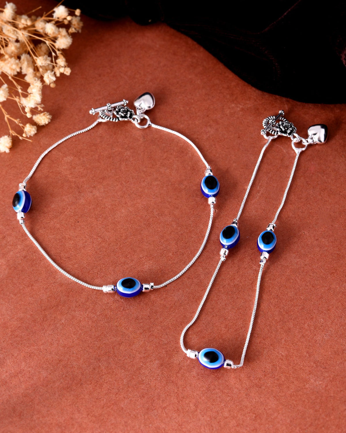 VOJ Set Of 2 Silver-Plated Stainless Steel Evil Eye Studded Anklet | Grocsy