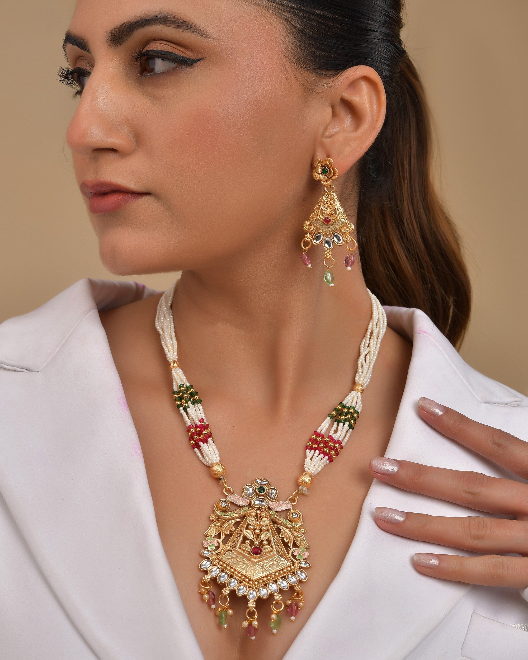VOJ Gold Polished Designer Long Necklace With Earrings Set | Grocsy