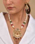 VOJ Gold Polished Designer Long Necklace With Earrings Set | Grocsy