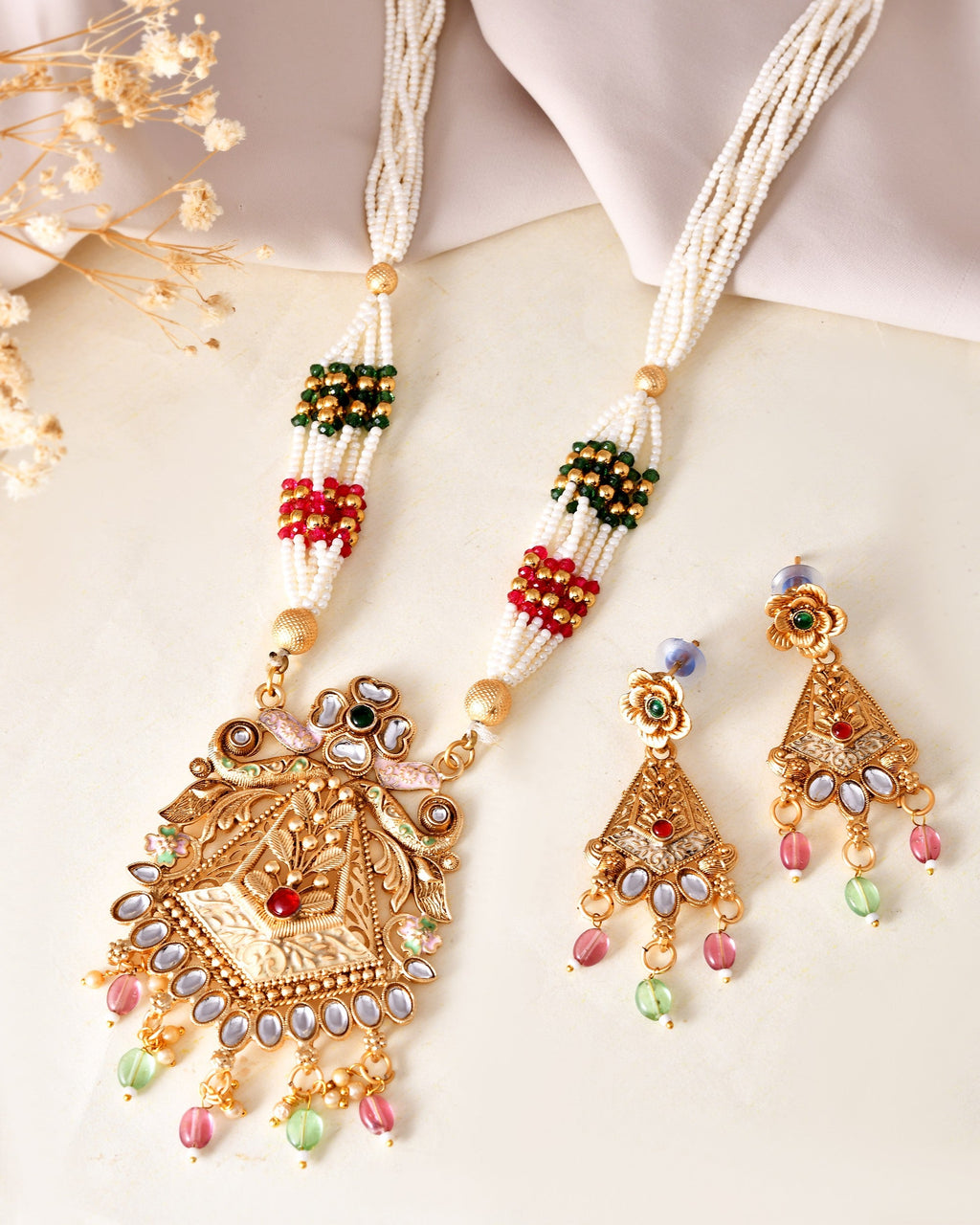 VOJ Gold Polished Designer Long Necklace With Earrings Set | Grocsy