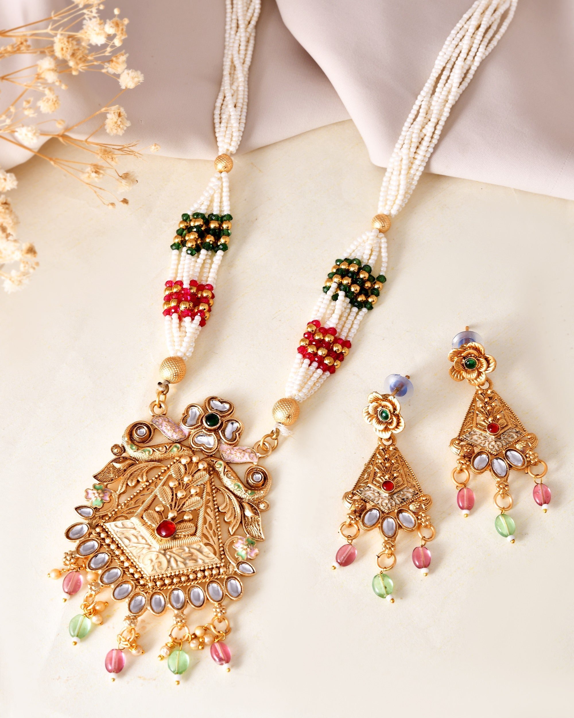VOJ Gold Polished Designer Long Necklace With Earrings Set | Grocsy