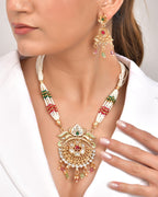 VOJ Gold Polished Traditional Long Necklace With Earrings Set | Grocsy