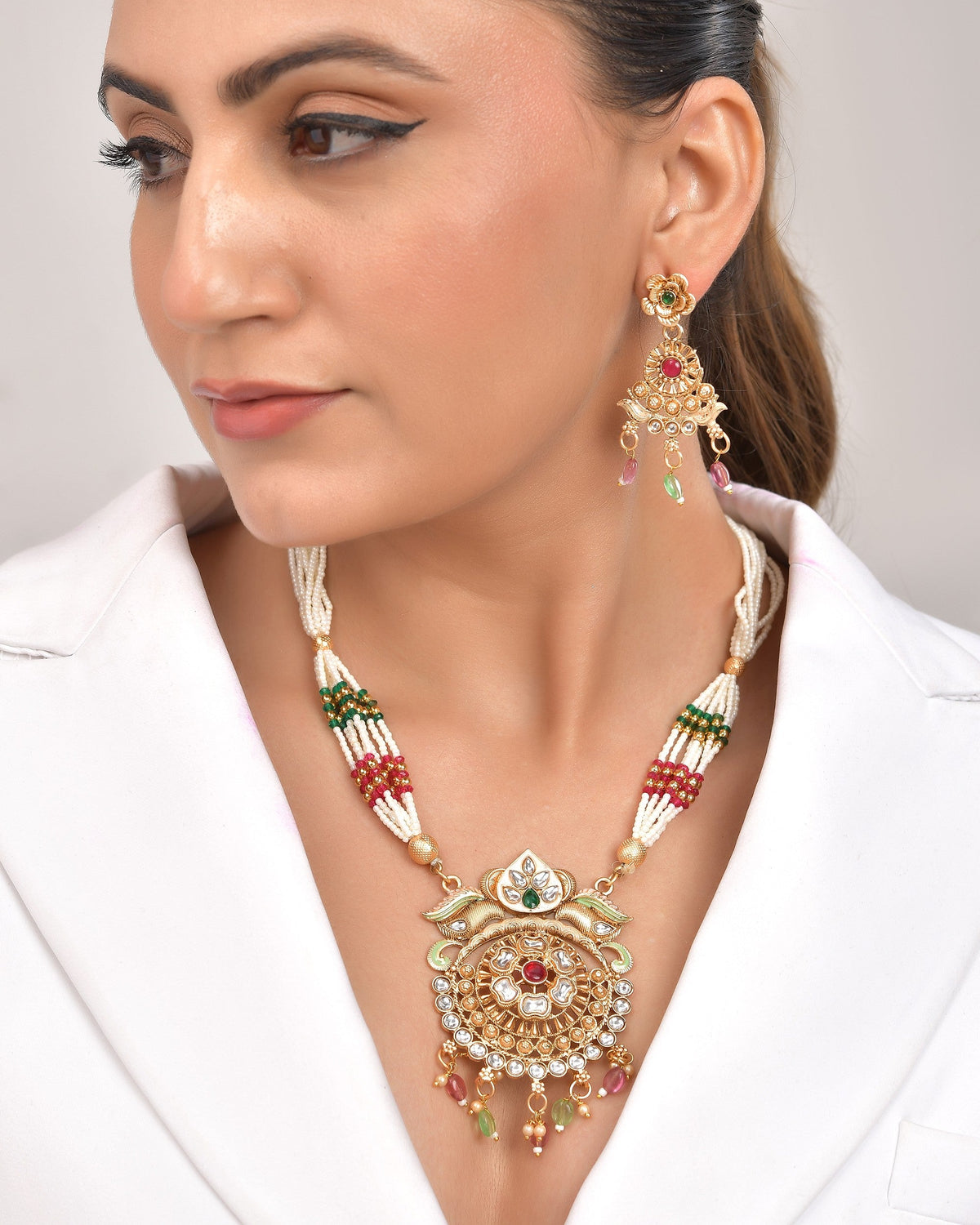 VOJ Gold Polished Traditional Long Necklace With Earrings Set | Grocsy
