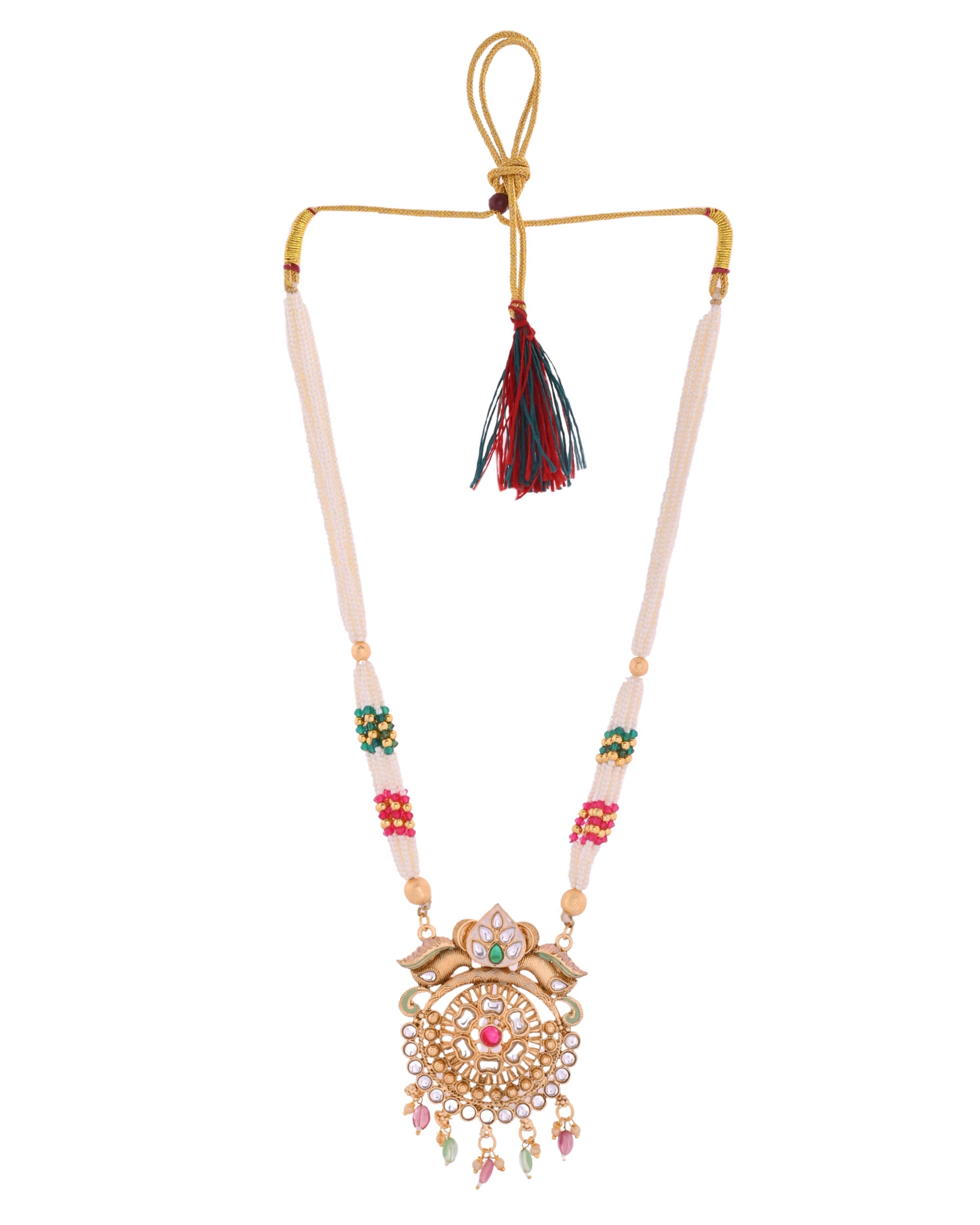 VOJ Gold Polished Traditional Long Necklace With Earrings Set | Grocsy