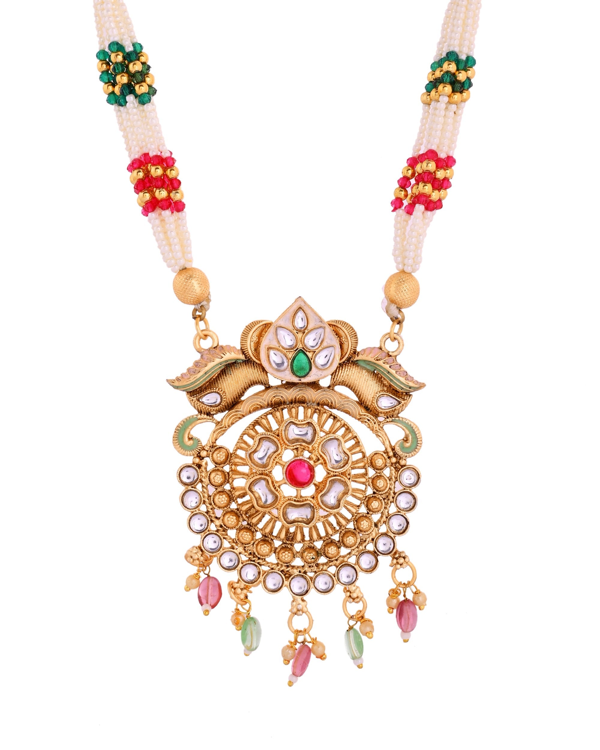 VOJ Gold Polished Traditional Long Necklace With Earrings Set | Grocsy