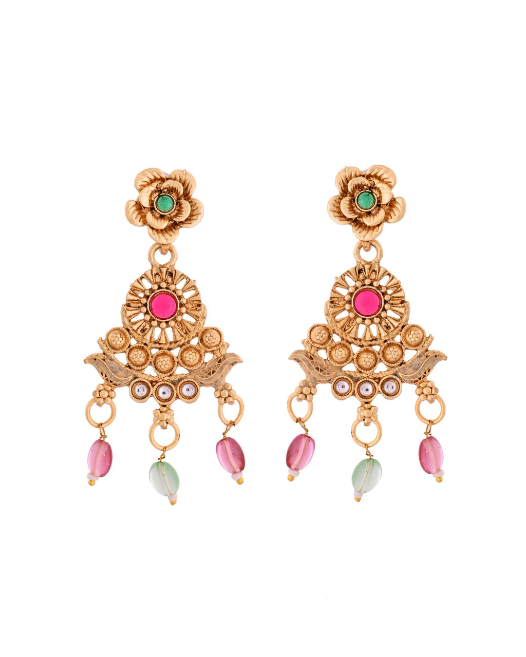 VOJ Gold Polished Traditional Long Necklace With Earrings Set | Grocsy