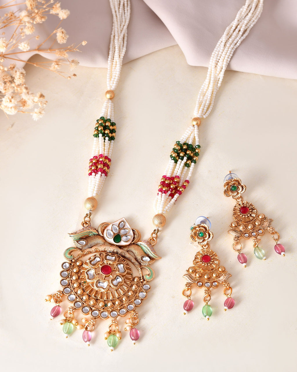 VOJ Gold Polished Traditional Long Necklace With Earrings Set | Grocsy