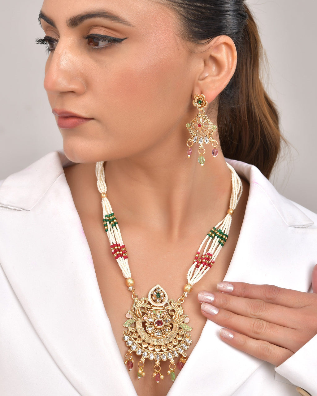 VOJ Gold Polished Traditional Circular Shaped Long Necklace With Earrings Set | Grocsy