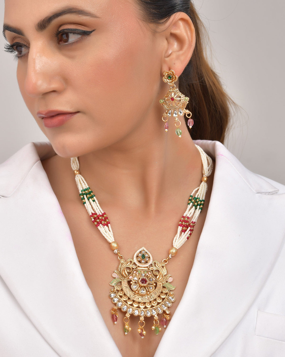 VOJ Gold Polished Traditional Circular Shaped Long Necklace With Earrings Set | Grocsy