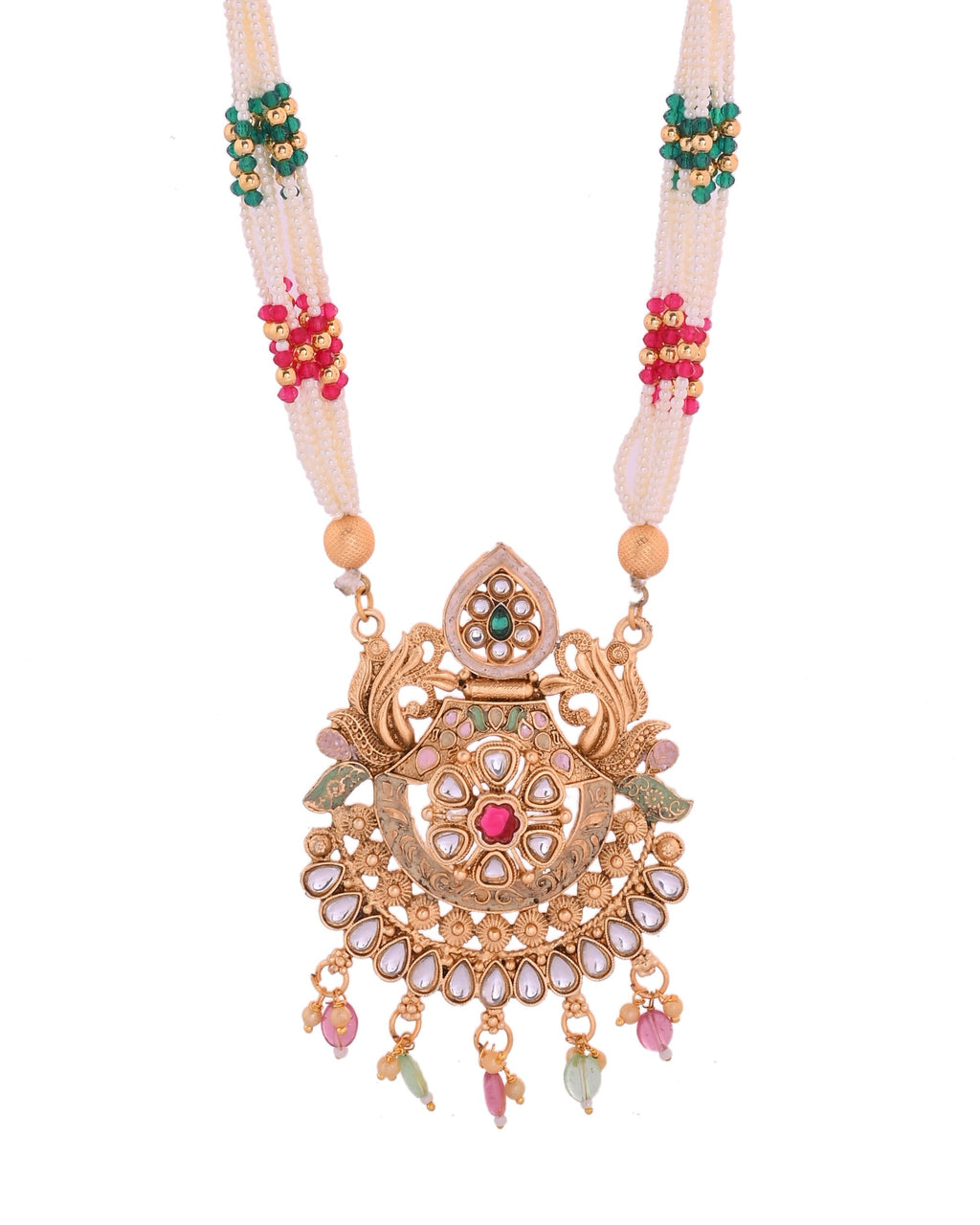 VOJ Gold Polished Traditional Circular Shaped Long Necklace With Earrings Set | Grocsy