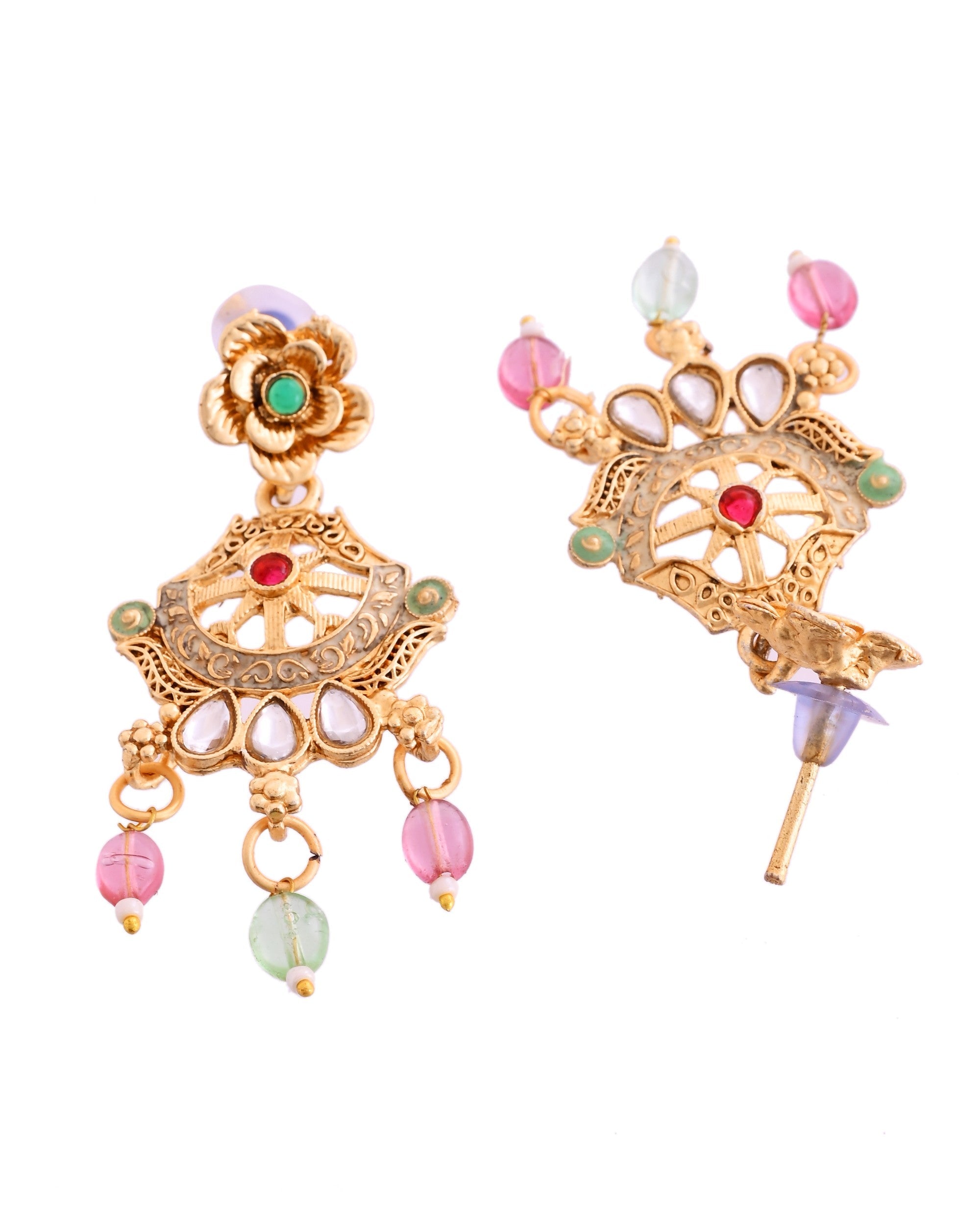 VOJ Gold Polished Traditional Circular Shaped Long Necklace With Earrings Set | Grocsy