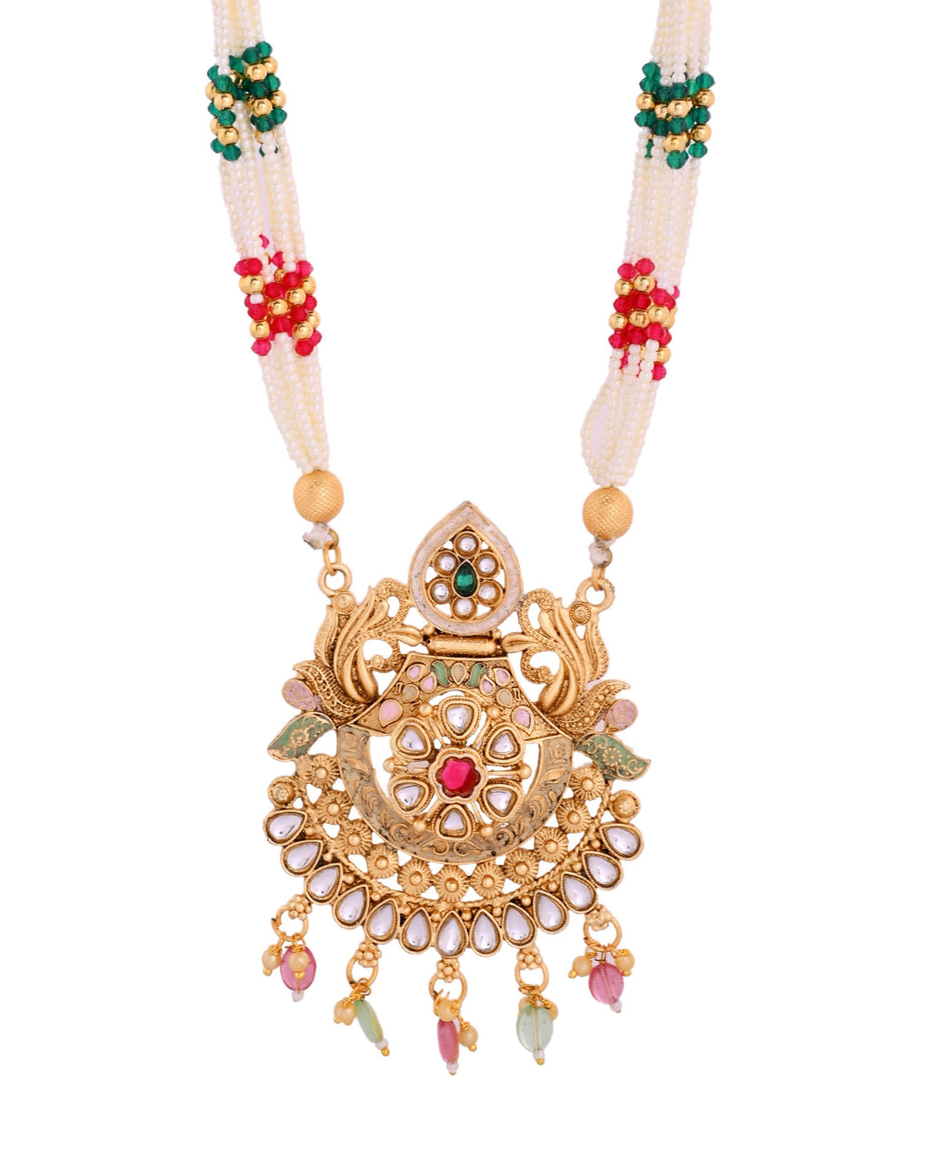 VOJ Gold Polished Traditional Circular Shaped Long Necklace With Earrings Set | Grocsy