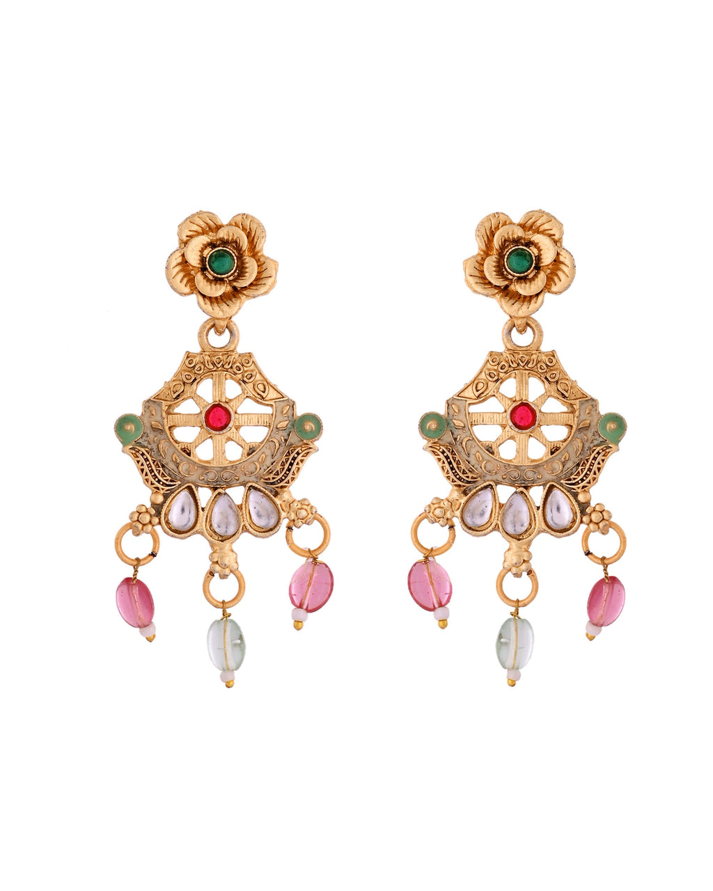 VOJ Gold Polished Traditional Circular Shaped Long Necklace With Earrings Set | Grocsy