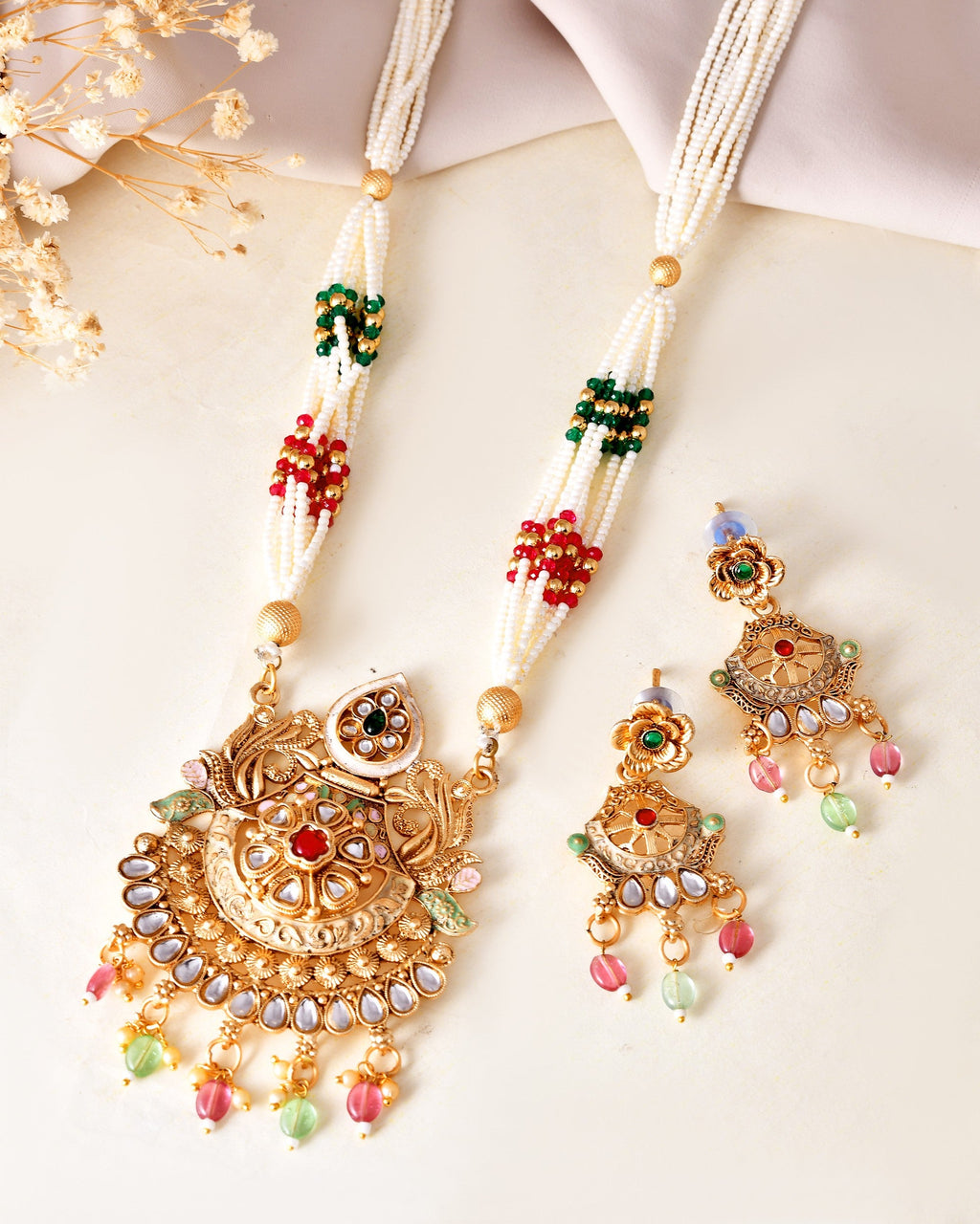 VOJ Gold Polished Traditional Circular Shaped Long Necklace With Earrings Set | Grocsy