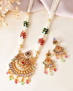 VOJ Gold Polished Traditional Circular Shaped Long Necklace With Earrings Set | Grocsy
