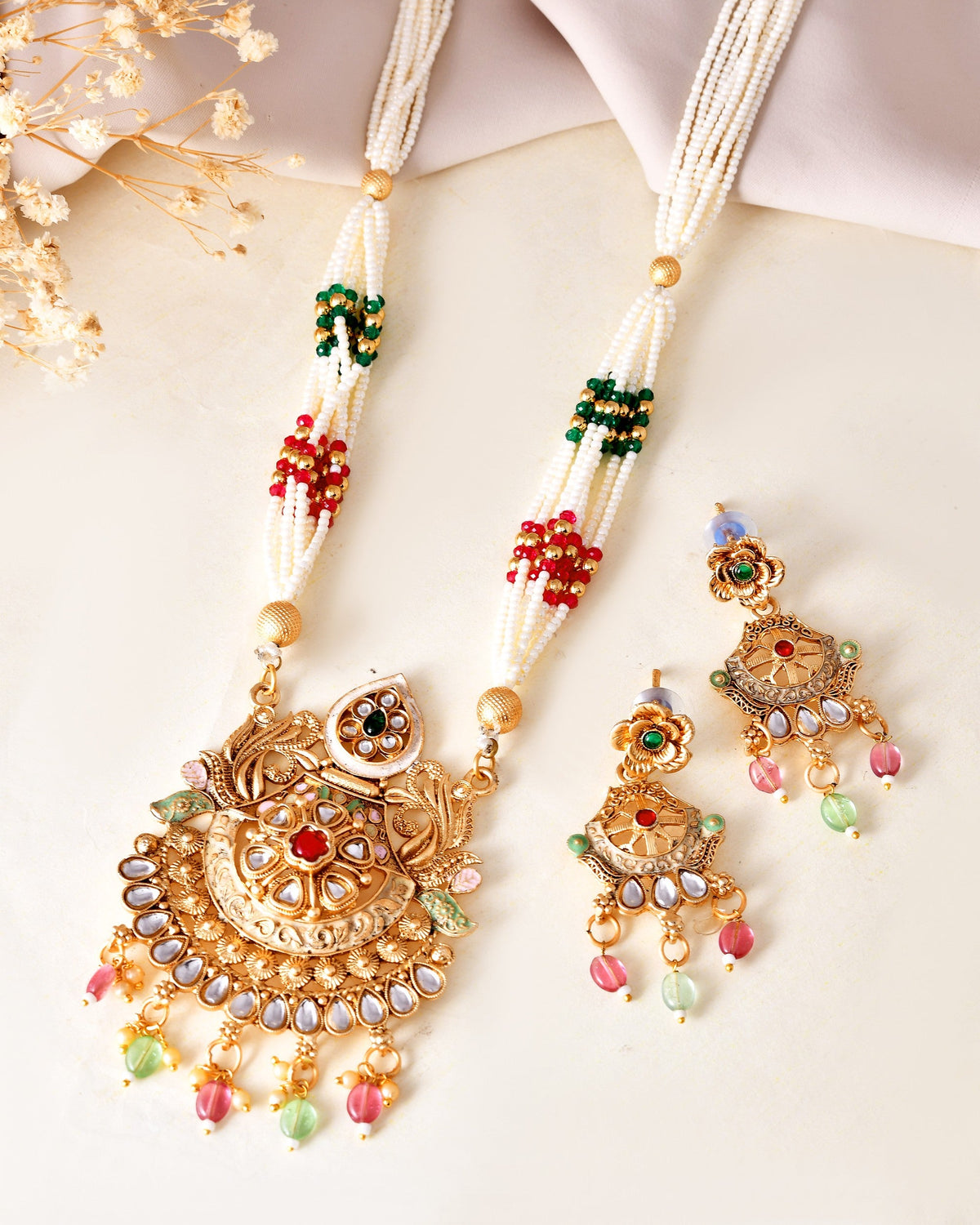 VOJ Gold Polished Traditional Circular Shaped Long Necklace With Earrings Set | Grocsy