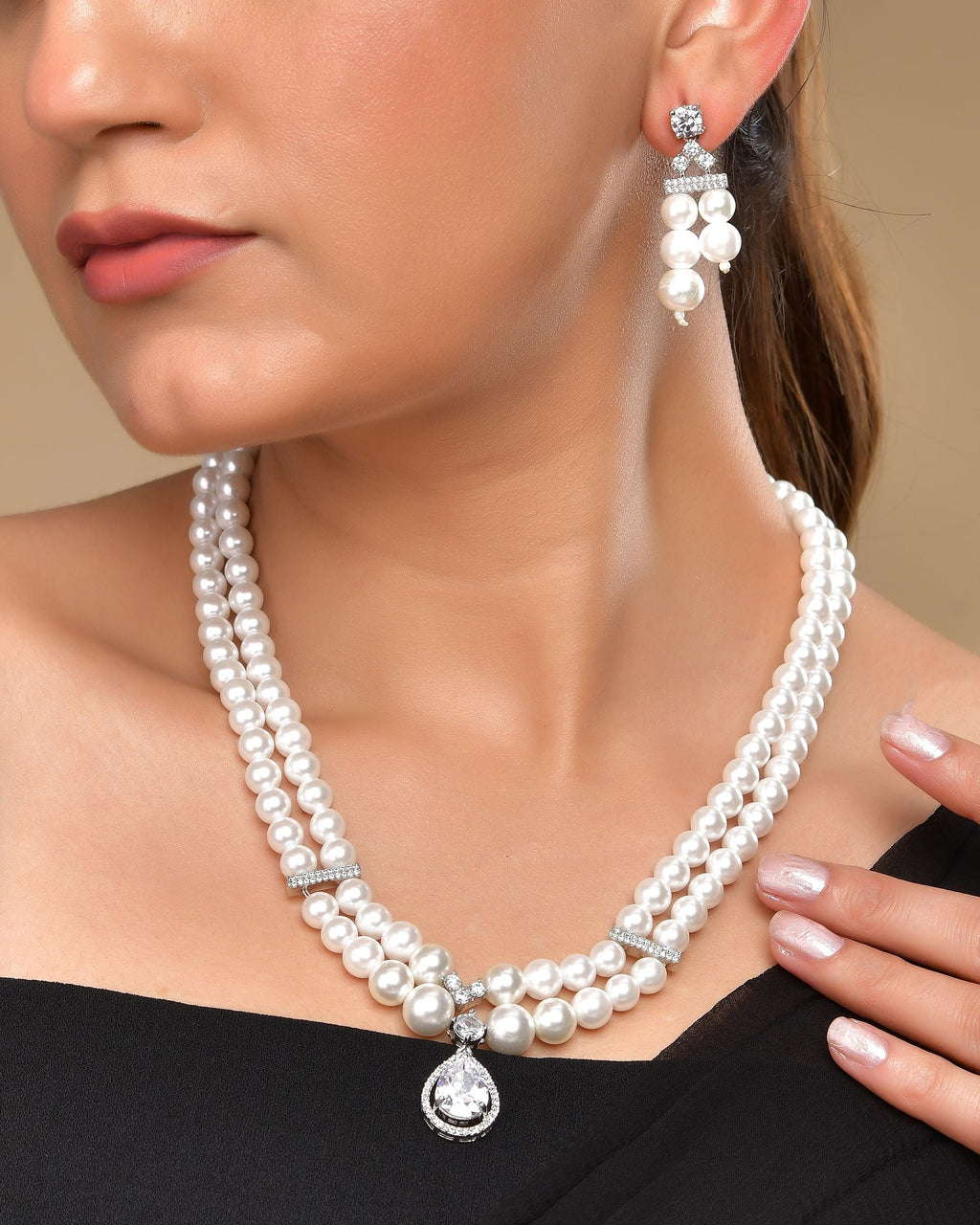 VOJ Silver Plated Pearl & Ad Studded Designer Jewellery Set | Grocsy