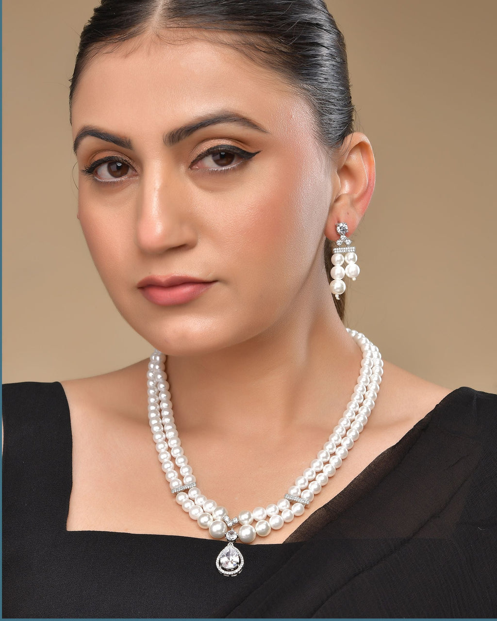 VOJ Silver Plated Pearl & Ad Studded Designer Jewellery Set | Grocsy