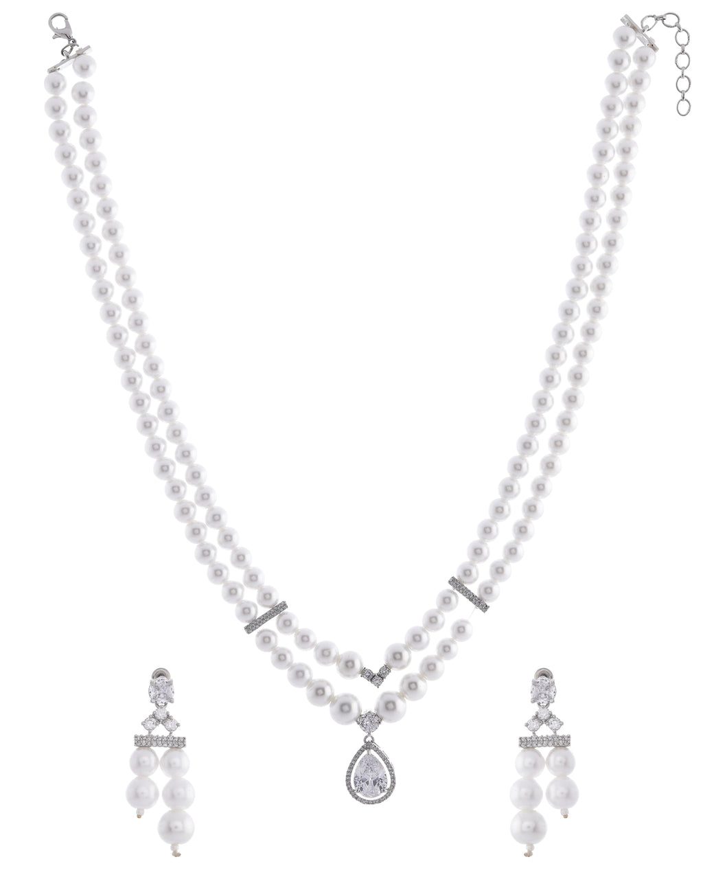 VOJ Silver Plated Pearl & Ad Studded Designer Jewellery Set | Grocsy