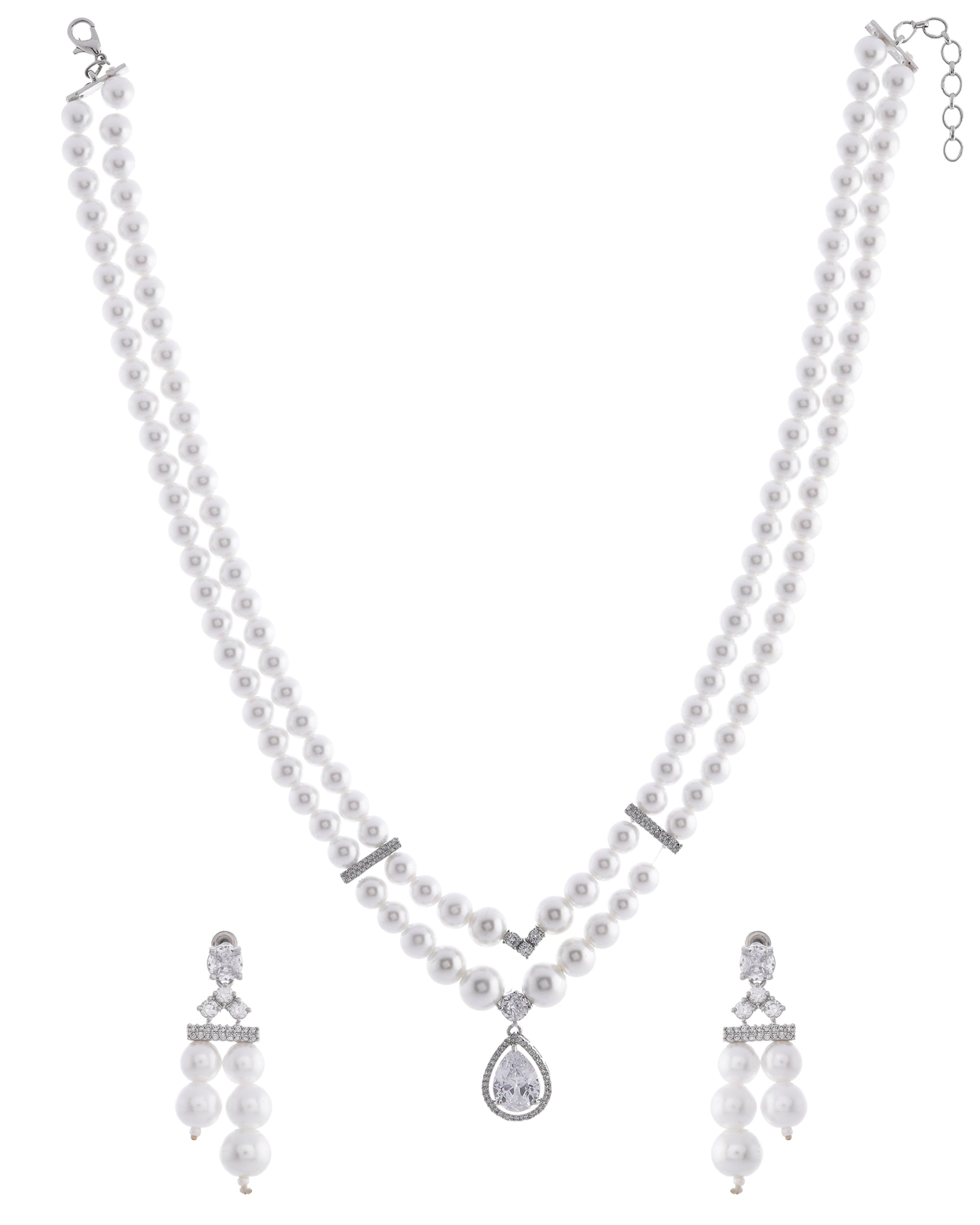 VOJ Silver Plated Pearl & Ad Studded Designer Jewellery Set | Grocsy