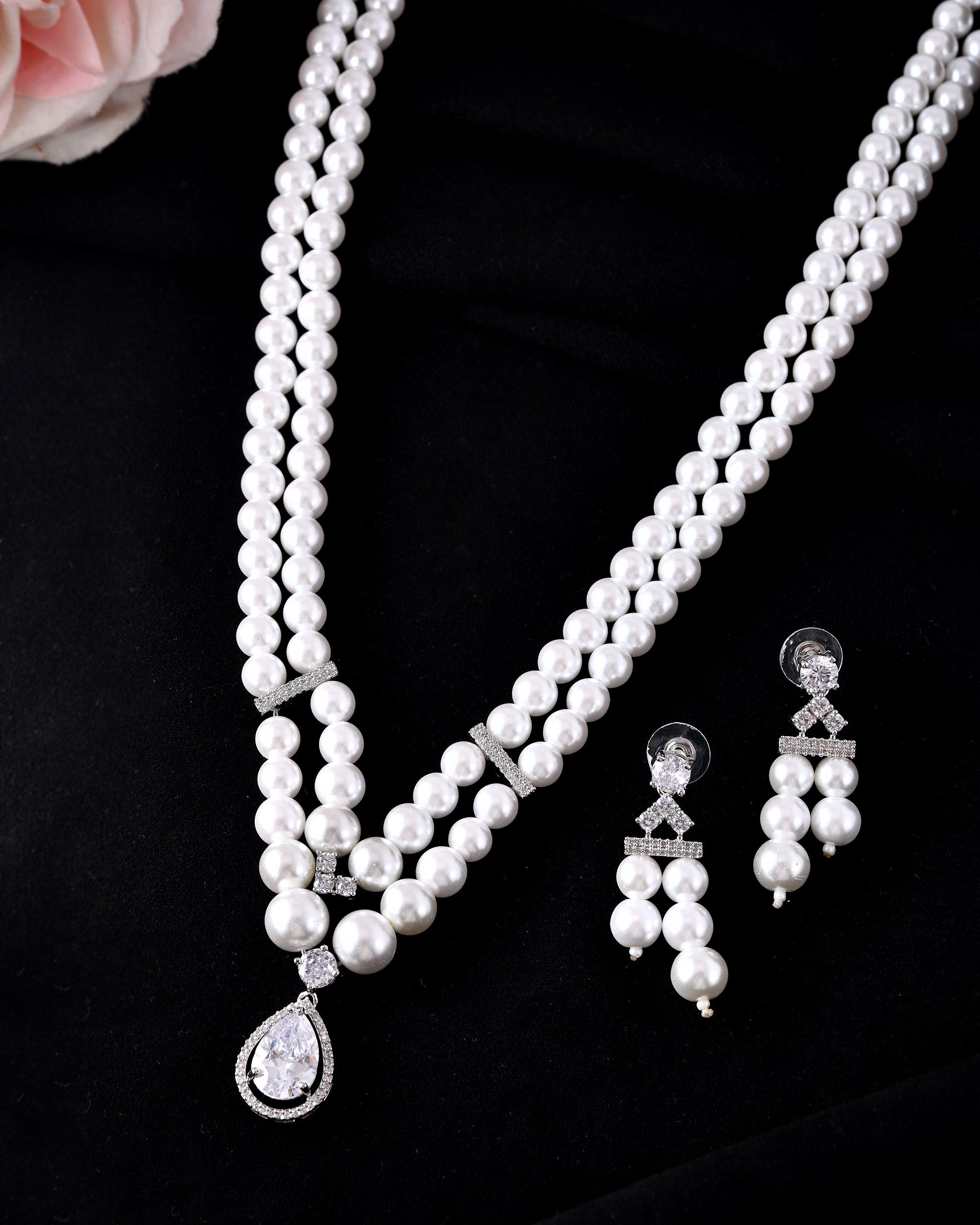 VOJ Silver Plated Pearl & Ad Studded Designer Jewellery Set | Grocsy