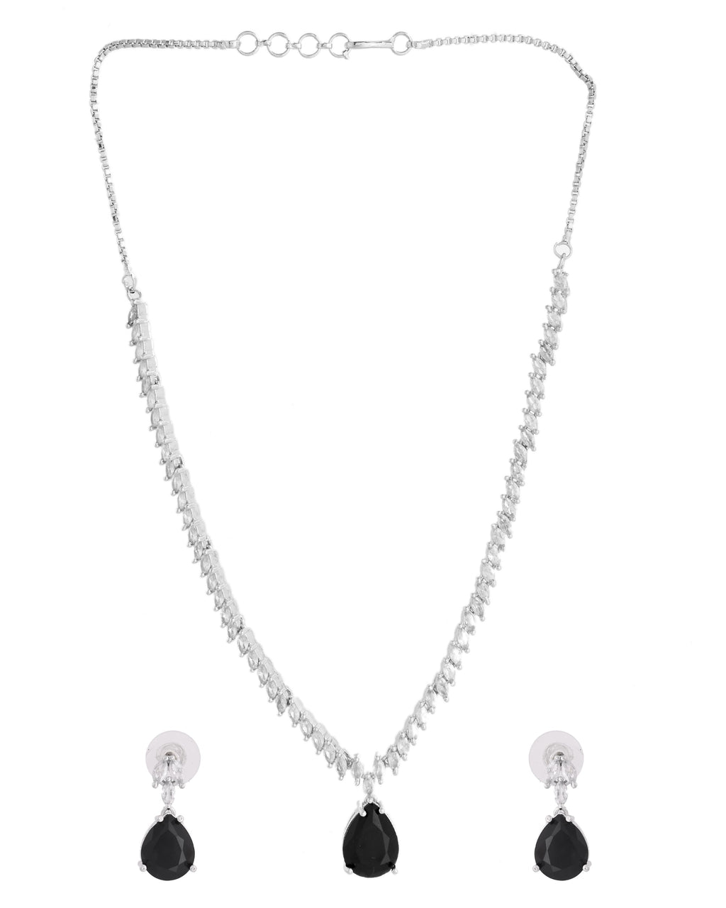 VOJ Silver Plated Black Teardrop Stone Studded Simple Jewellery Set | Grocsy
