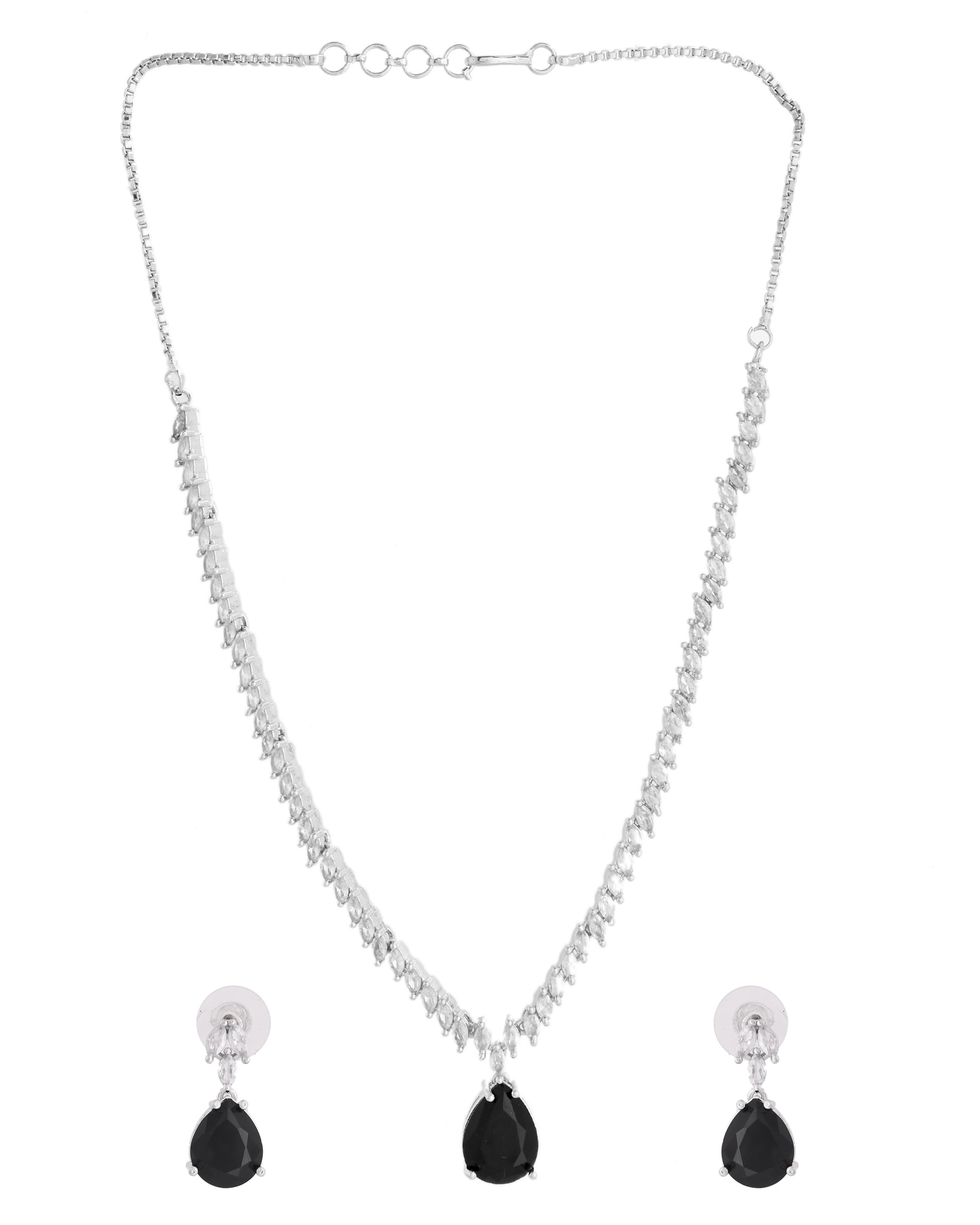 VOJ Silver Plated Black Teardrop Stone Studded Simple Jewellery Set | Grocsy