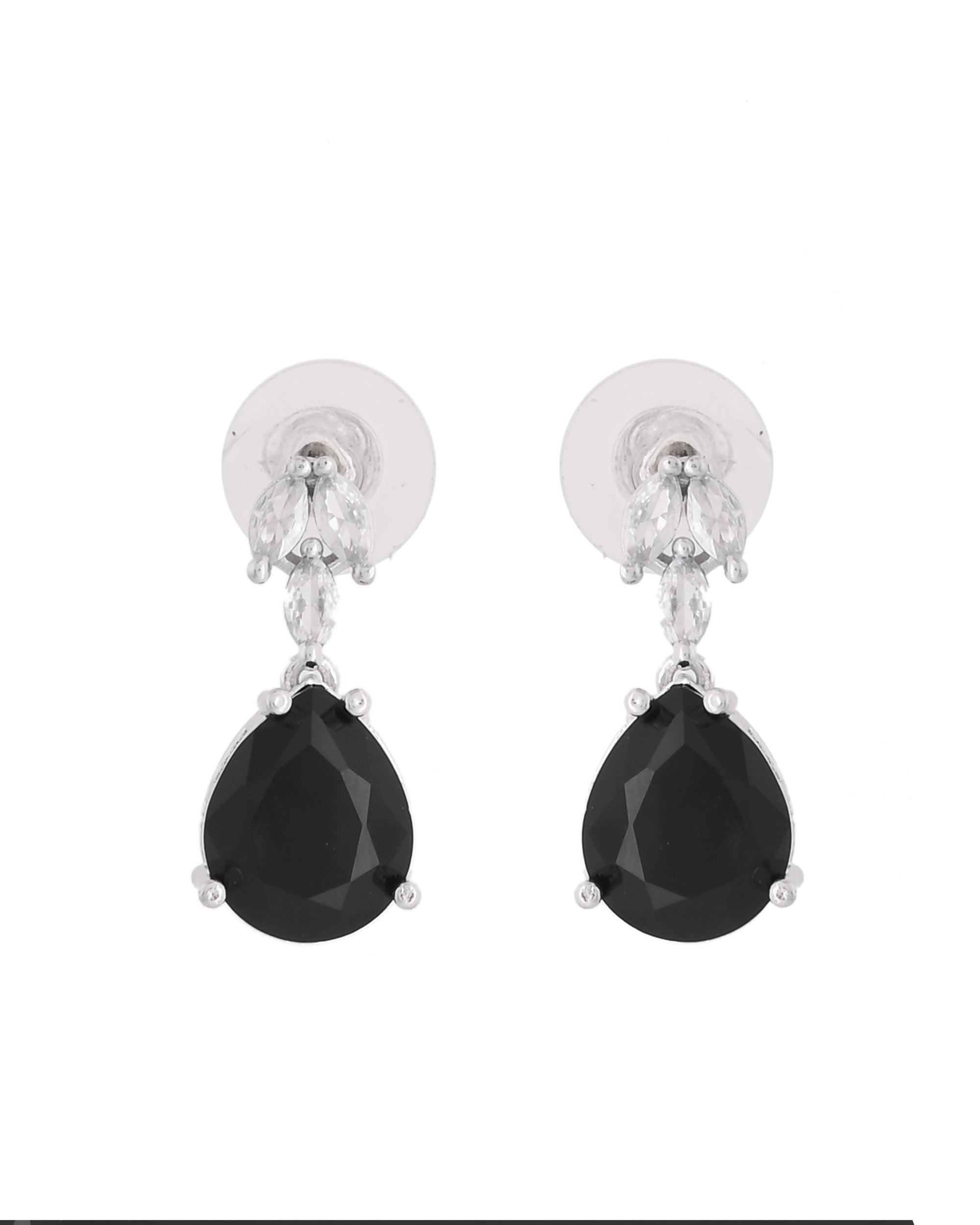 VOJ Silver Plated Black Teardrop Stone Studded Simple Jewellery Set | Grocsy