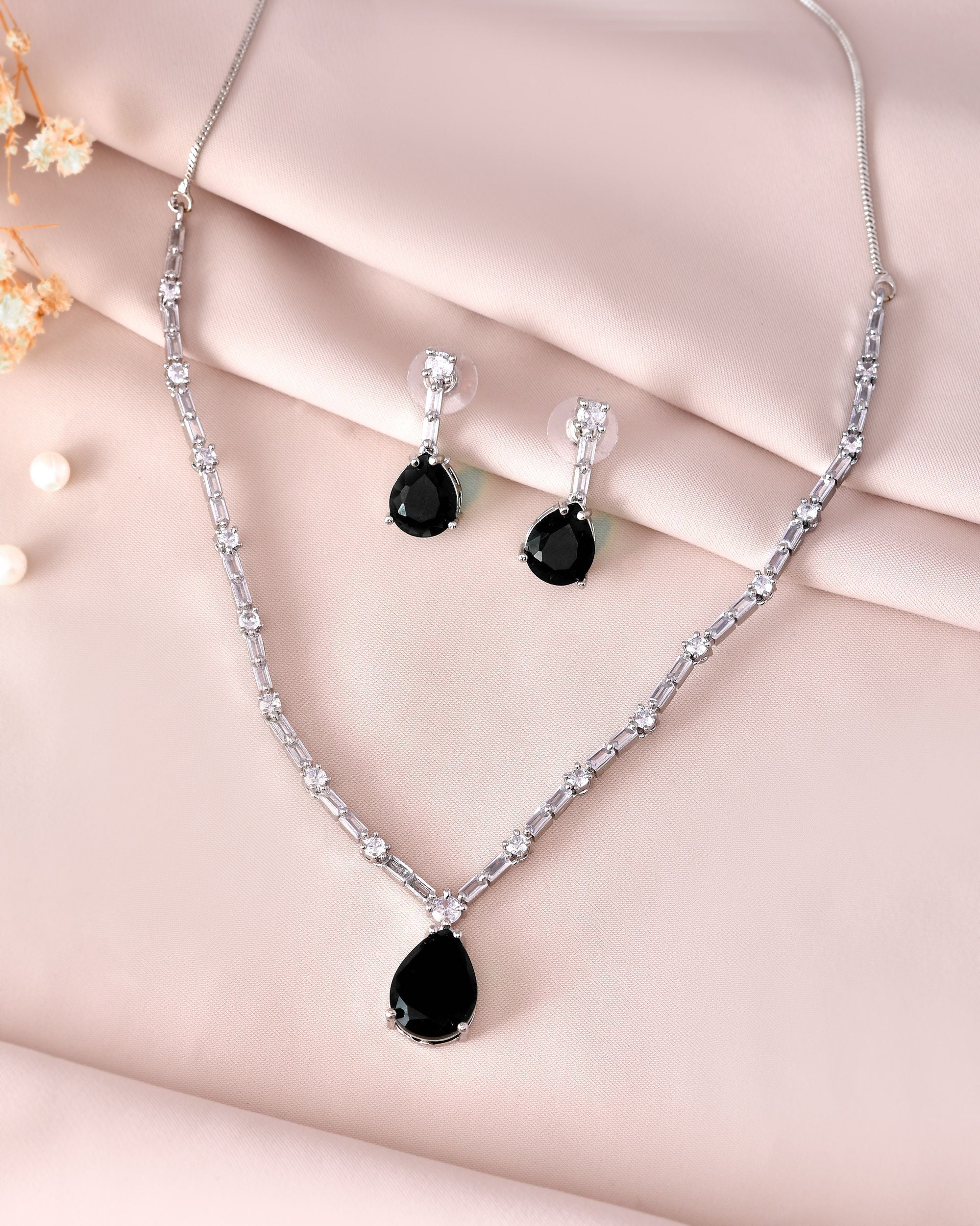 VOJ Silver Plated Black Teardrop Stone Studded Simple Jewellery Set | Grocsy