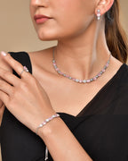 VOJ Silver Plated Baby Pink Stone Studded Necklace With Earrings, Ring And Bracelet Set | Grocsy