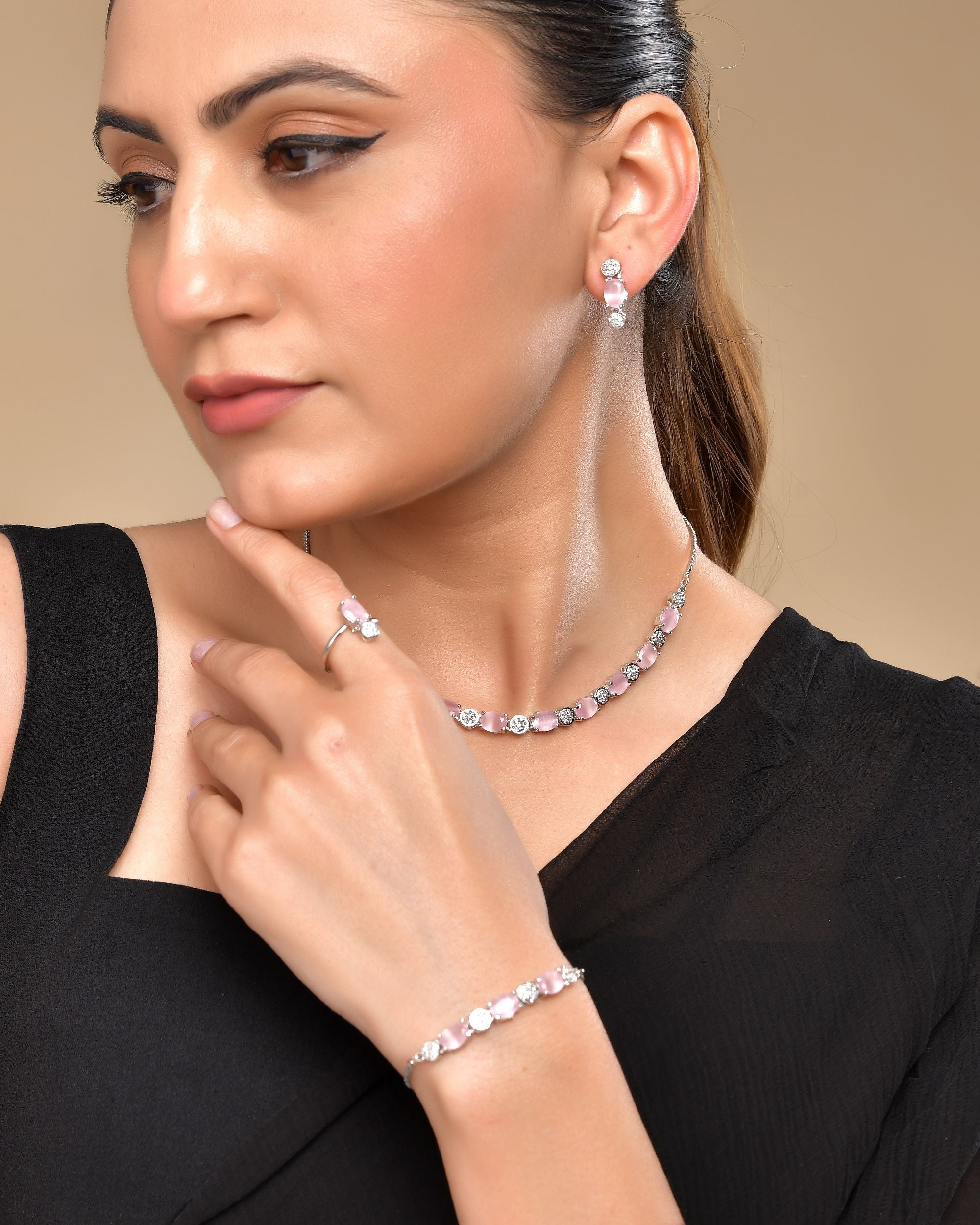 VOJ Silver Plated Baby Pink Stone Studded Necklace With Earrings, Ring And Bracelet Set | Grocsy