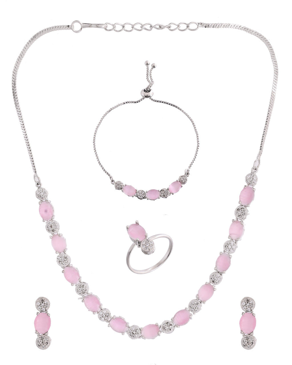 VOJ Silver Plated Baby Pink Stone Studded Necklace With Earrings, Ring And Bracelet Set | Grocsy