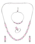 VOJ Silver Plated Baby Pink Stone Studded Necklace With Earrings, Ring And Bracelet Set | Grocsy
