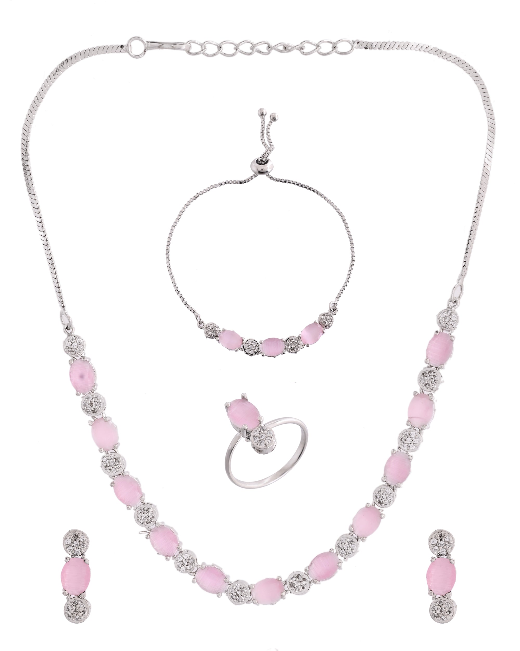 VOJ Silver Plated Baby Pink Stone Studded Necklace With Earrings, Ring And Bracelet Set | Grocsy