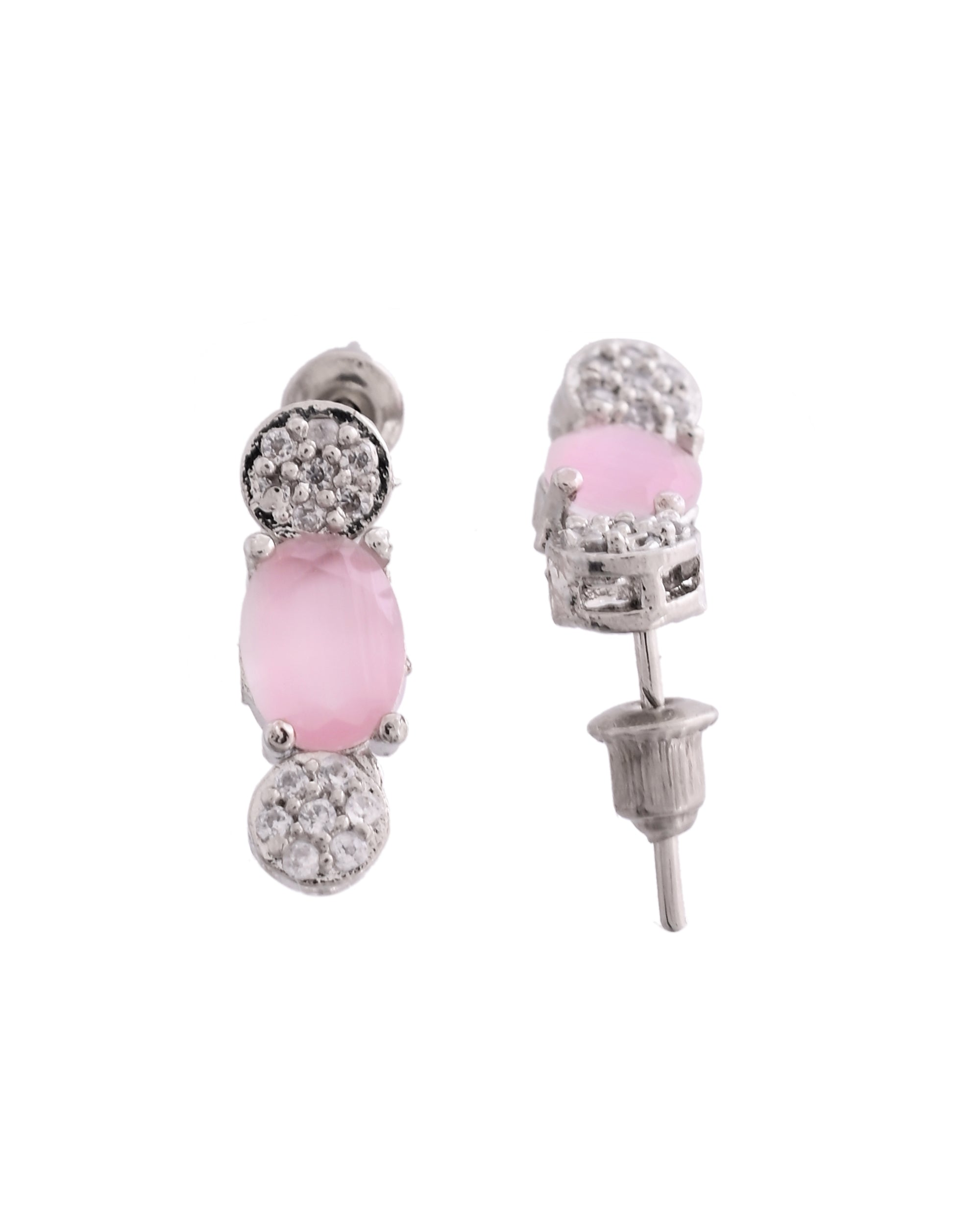 VOJ Silver Plated Baby Pink Stone Studded Necklace With Earrings, Ring And Bracelet Set | Grocsy