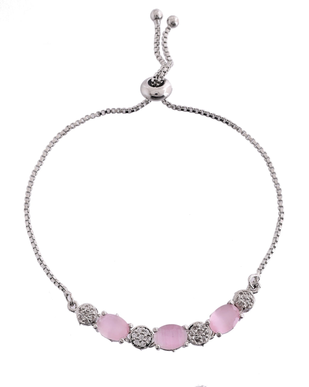 VOJ Silver Plated Baby Pink Stone Studded Necklace With Earrings, Ring And Bracelet Set | Grocsy
