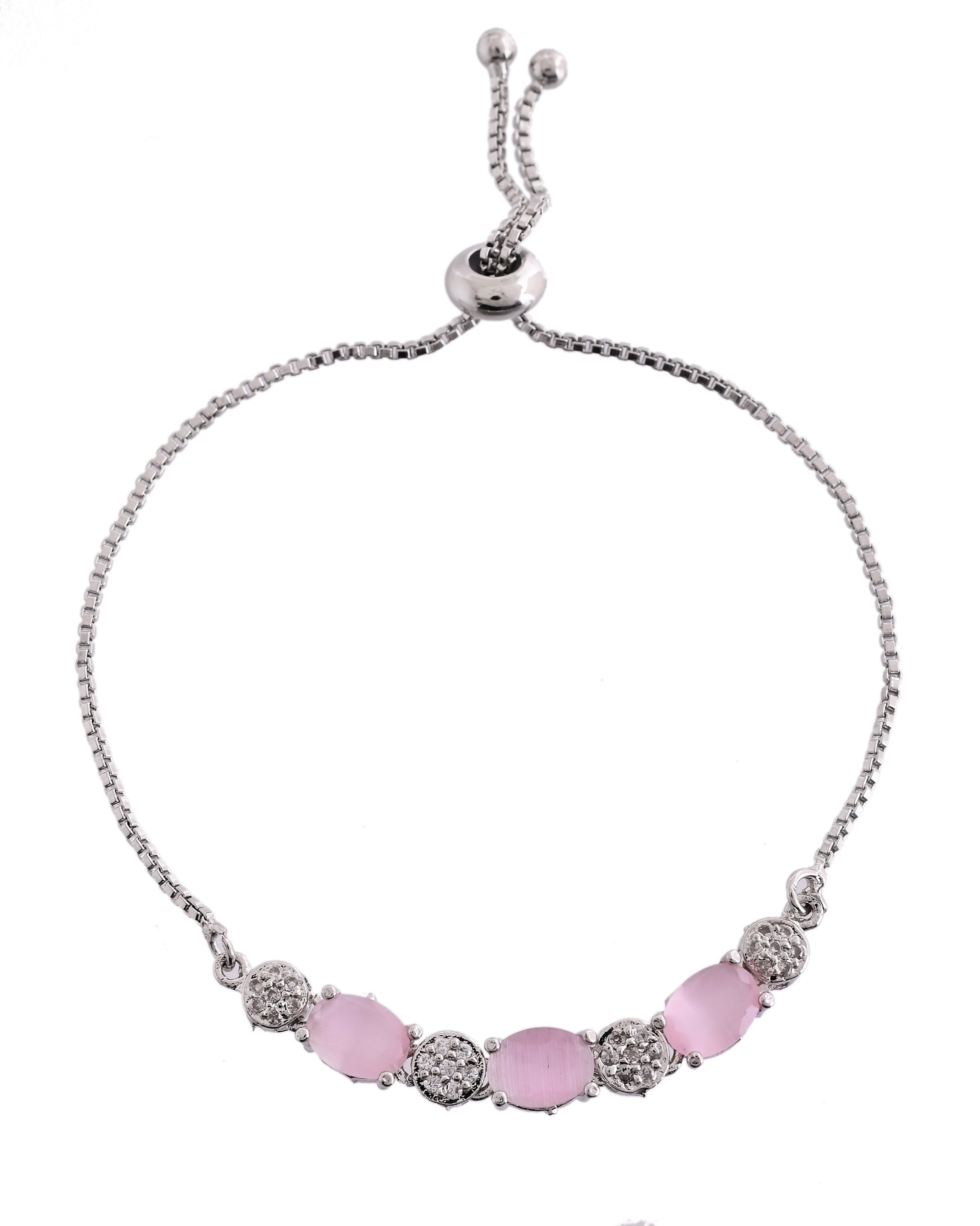 VOJ Silver Plated Baby Pink Stone Studded Necklace With Earrings, Ring And Bracelet Set | Grocsy