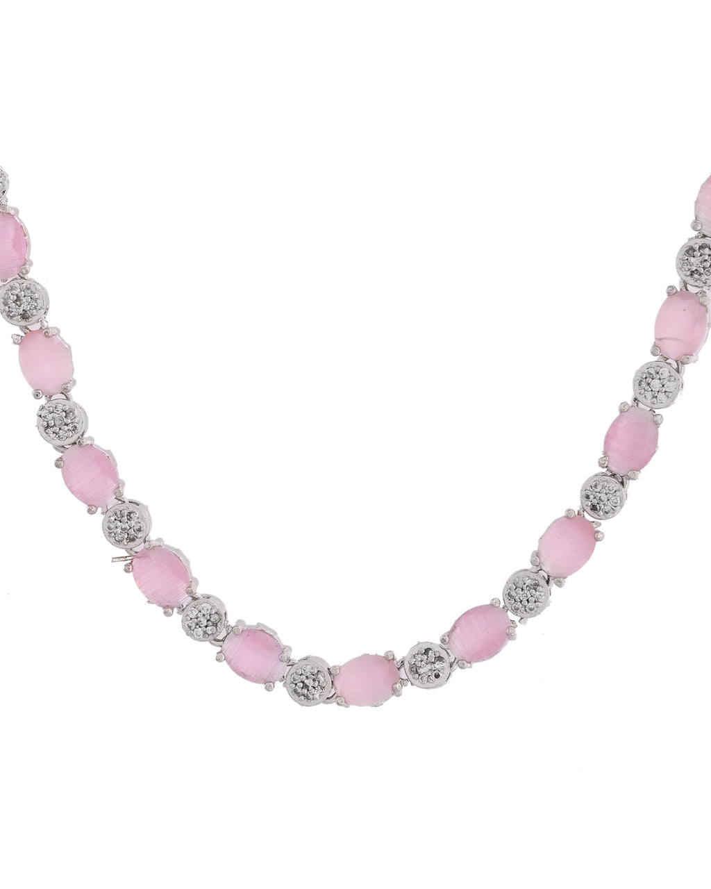 VOJ Silver Plated Baby Pink Stone Studded Necklace With Earrings, Ring And Bracelet Set | Grocsy