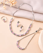 VOJ Silver Plated Baby Pink Stone Studded Necklace With Earrings, Ring And Bracelet Set | Grocsy