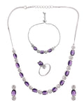 VOJ Silver Plated Purple Stone Studded Necklace With Earrings, Ring And Bracelet Set | Grocsy