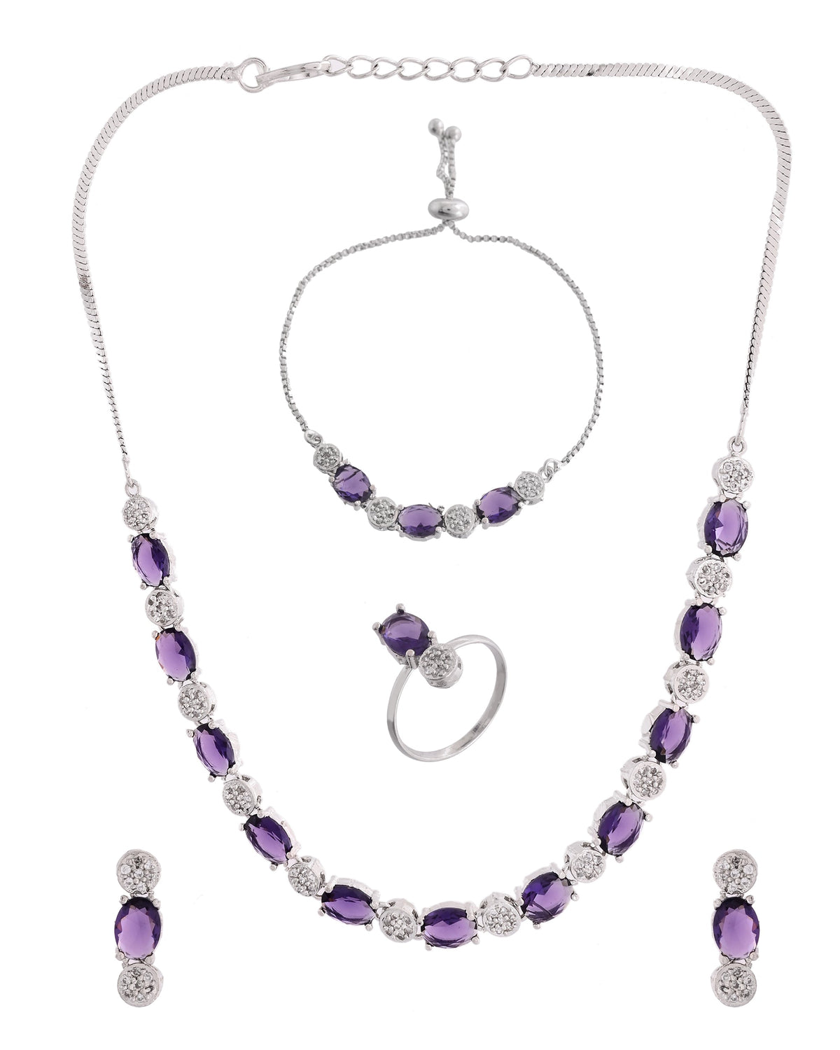 VOJ Silver Plated Purple Stone Studded Necklace With Earrings, Ring And Bracelet Set | Grocsy