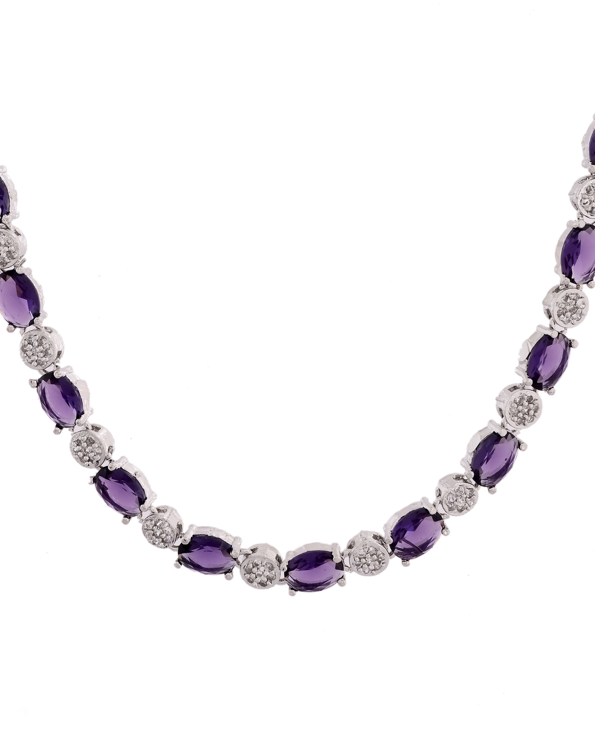 VOJ Silver Plated Purple Stone Studded Necklace With Earrings, Ring And Bracelet Set | Grocsy
