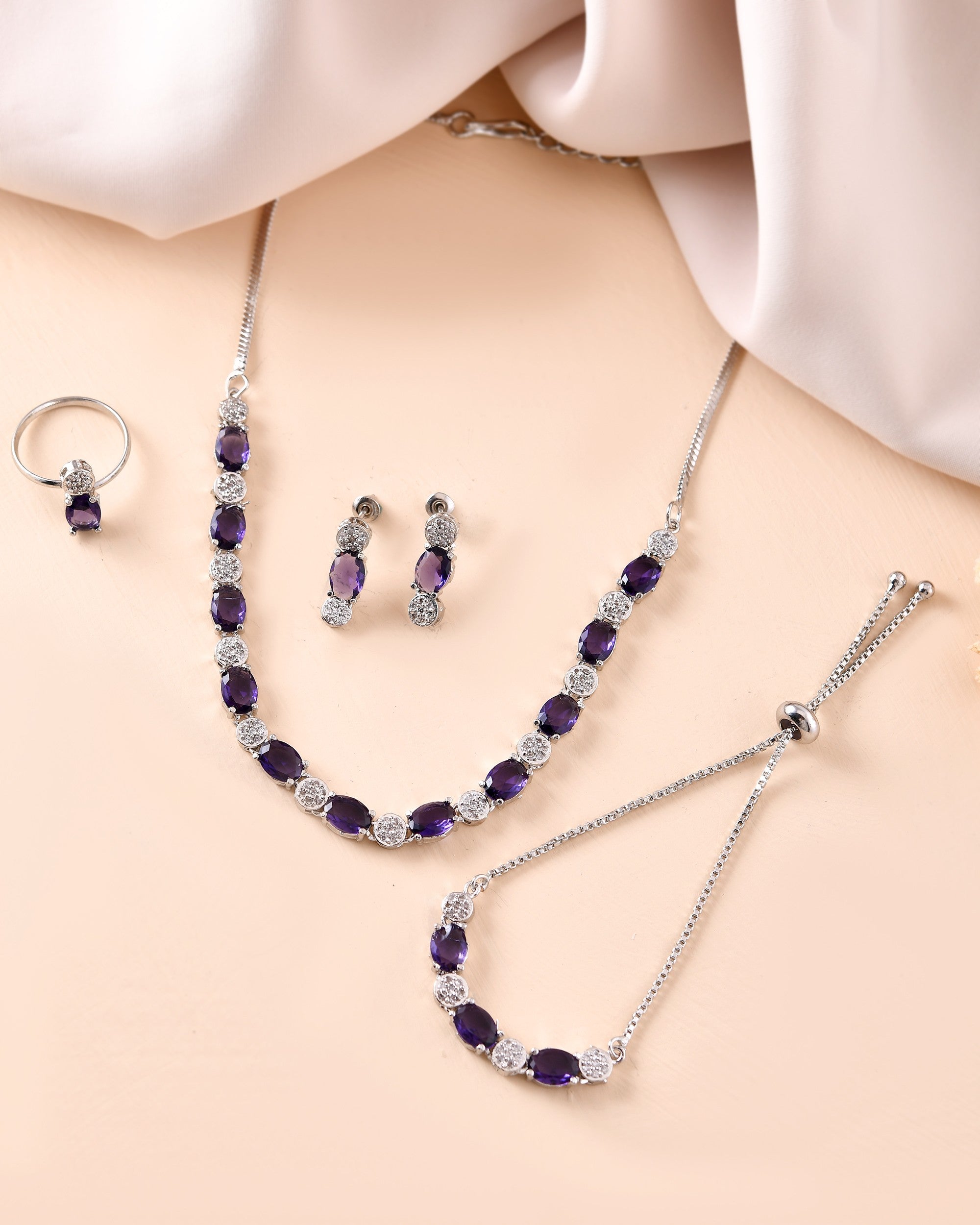 VOJ Silver Plated Purple Stone Studded Necklace With Earrings, Ring And Bracelet Set | Grocsy