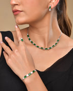 VOJ Silver Plated Green Stone Studded Necklace With Earrings, Ring And Bracelet Set | Grocsy