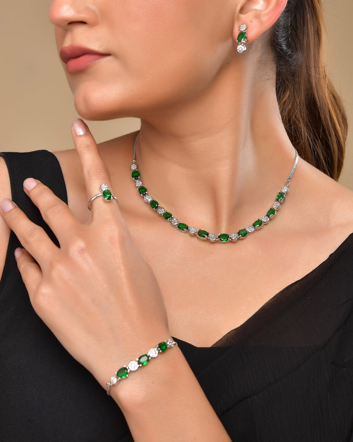 VOJ Silver Plated Green Stone Studded Necklace With Earrings, Ring And Bracelet Set | Grocsy