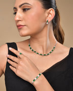 VOJ Silver Plated Green Stone Studded Necklace With Earrings, Ring And Bracelet Set | Grocsy